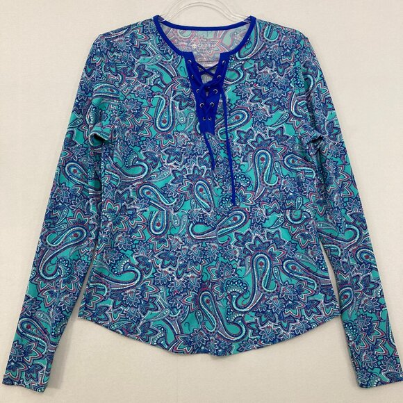 Coolibar Medium Blue Paisley Lace Up UPF 50 Sun Protection Long Sleeve Top - Picture 1 of 7
